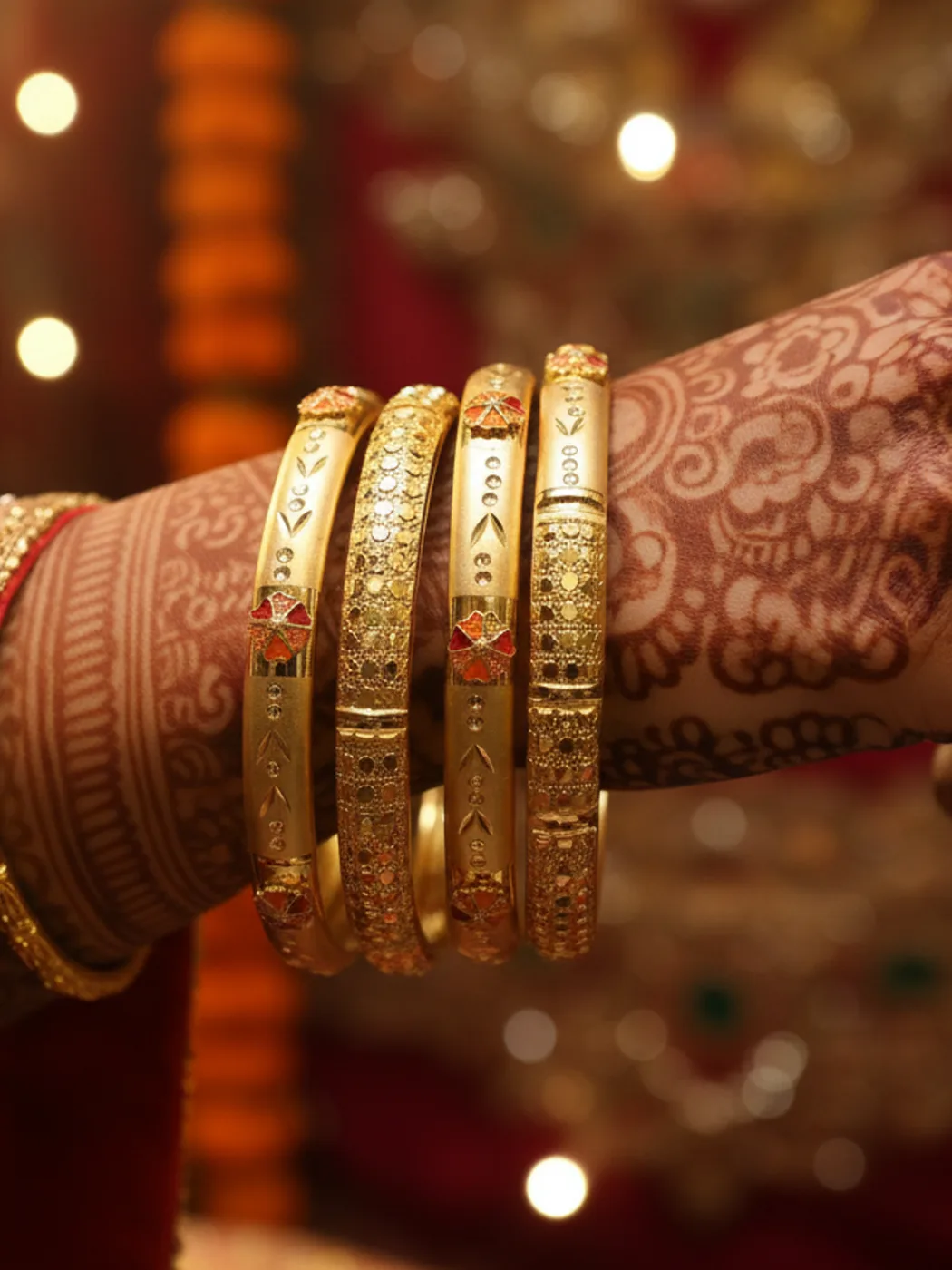 Gold meenakari bridal bangles worn on a henna-decorated hand