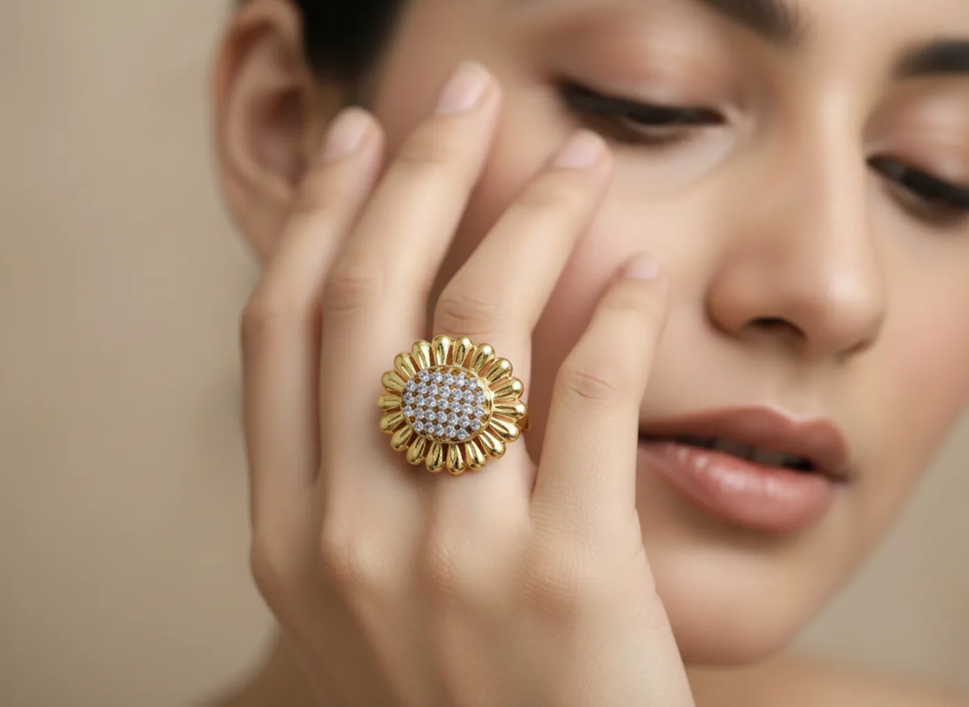 Rani ruby halo statement ring on hand