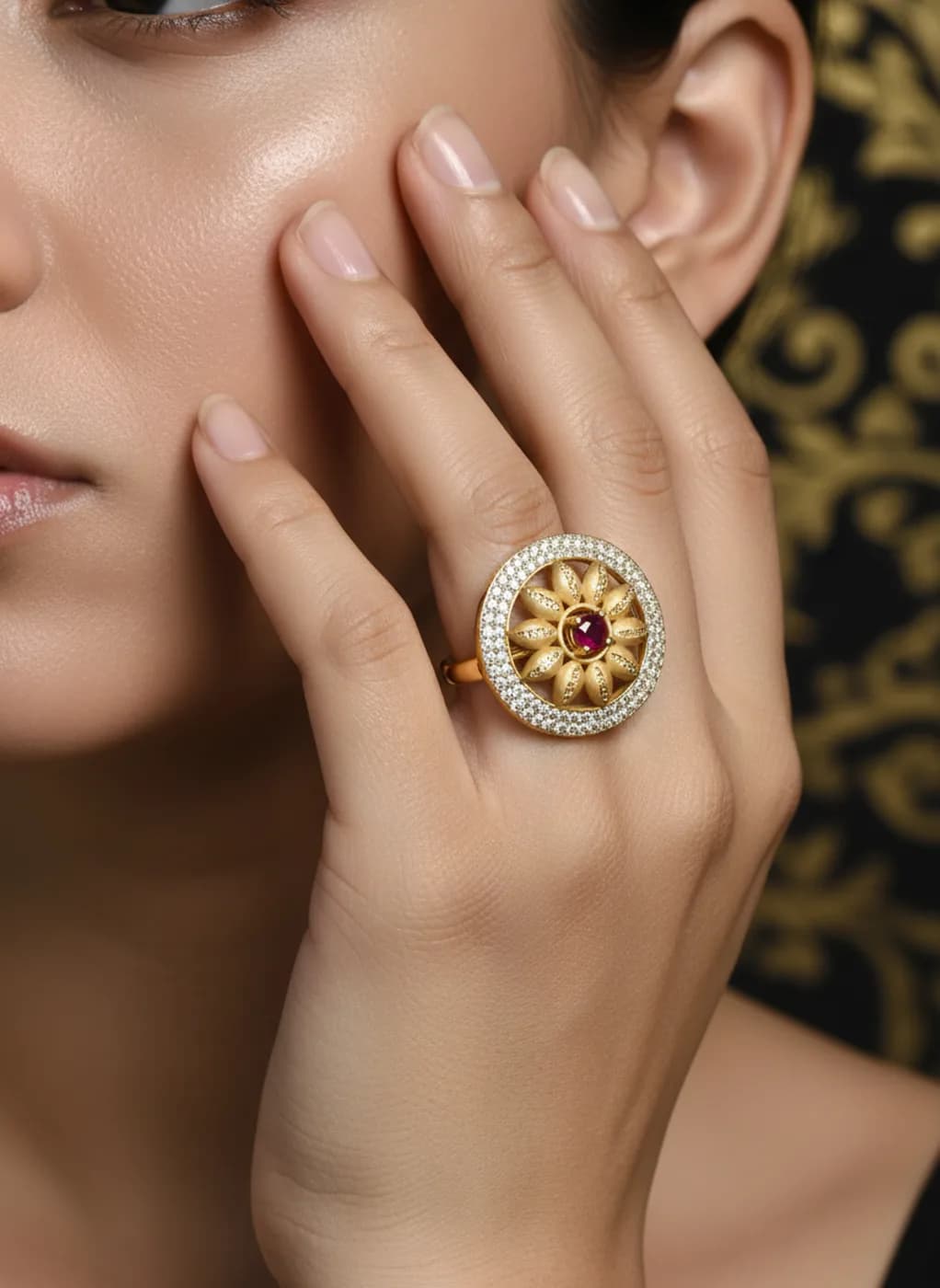 Suraj sunflower pavé gold ring