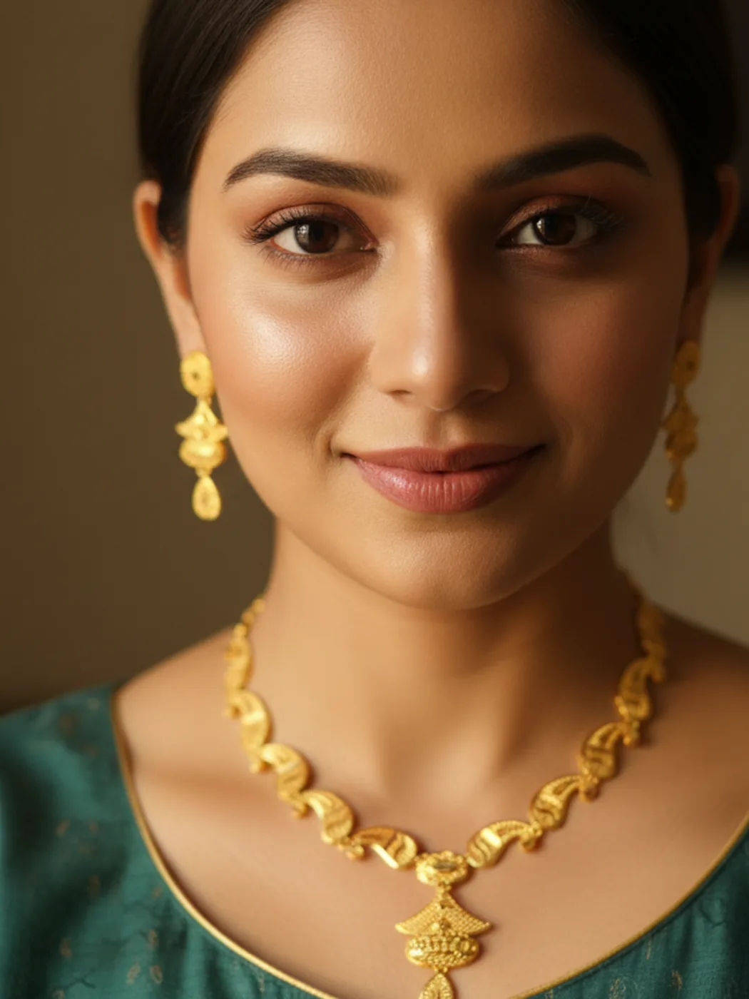 Model wearing a gold paisley bridal necklace set